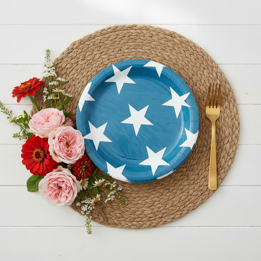Angled view of blue star plates with red zinnias