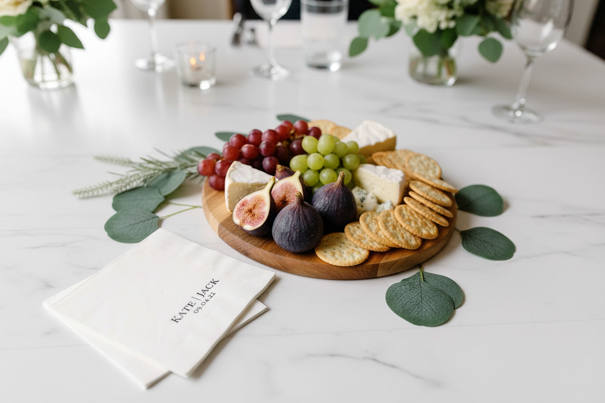 Appetizer display with personalized wedding napkins