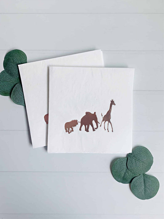 Elevate your safari-themed celebration with our stunning Rose Gold Foiled Safari Animal Luncheon Napkins. These exquisite napkins feature enchanting safari animals adorned in rose gold foil on a crisp white background, making them the perfect accent for your safari baby shower, wild one party, or any safari-inspired event.