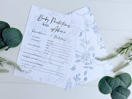 Add a touch of timeless charm to your baby shower or sip and see with our Blue and White French Toile Baby Predictions Cards. Designed with a classic French country aesthetic, these beautifully printed cards feature a delicate blue toile pattern on crisp white cardstock—perfect for an elegant and thoughtful baby shower activity.