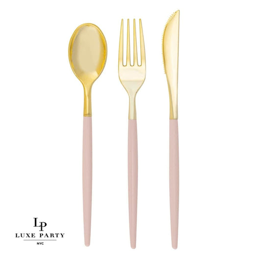 Gold cutlery set with pink handles on a white background, featuring the Luxe Party NYC logo.
