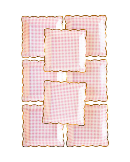 Pink Gingham Scalloped Plates - Gold Edges