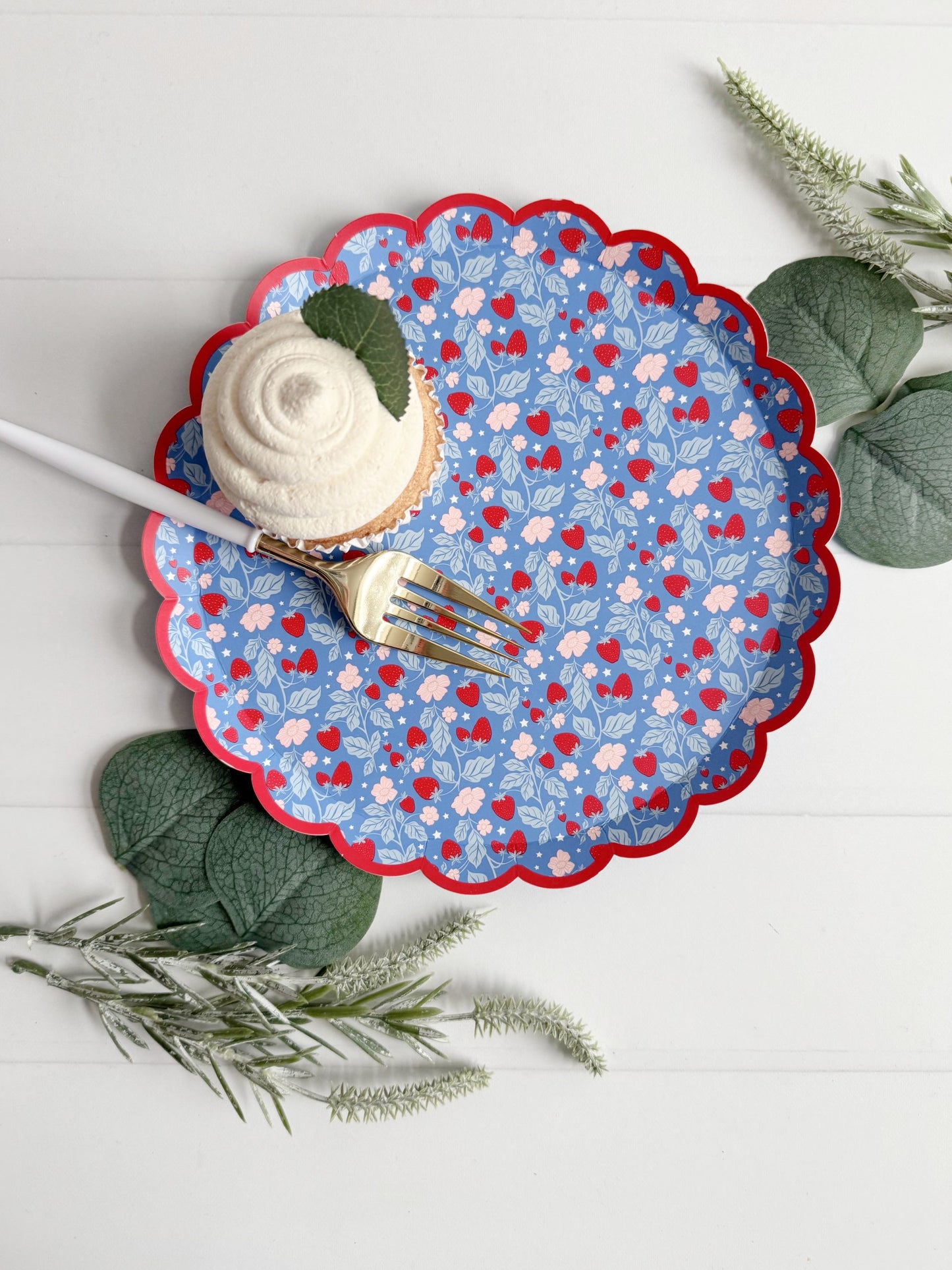 Strawberry Dessert Plate - Blue and Red