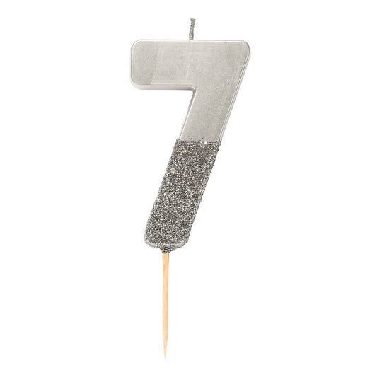 Number 7 Birthday Candle - Silver Glitter | 5 Inch Cake Topper