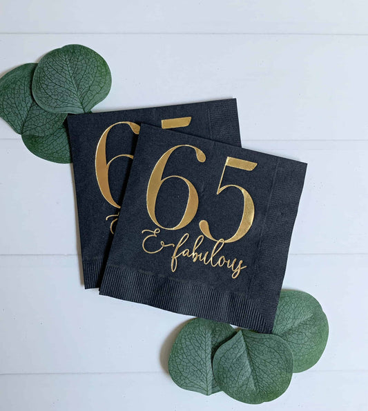 65 & Fabulous Gold on Black Cocktail Napkins -