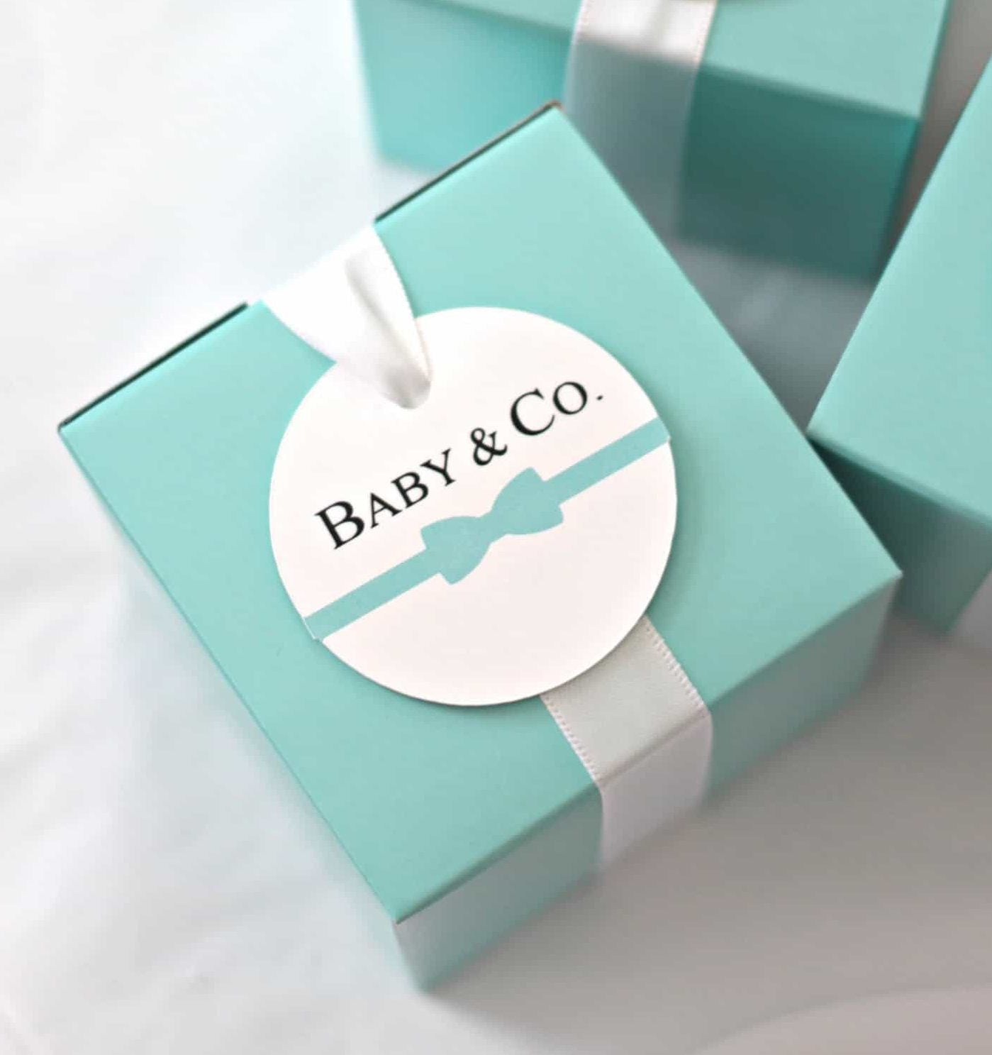 Baby and Co Favor Tags and Robins Egg Blue Tiffany Blue favor boxes for a Baby Shower