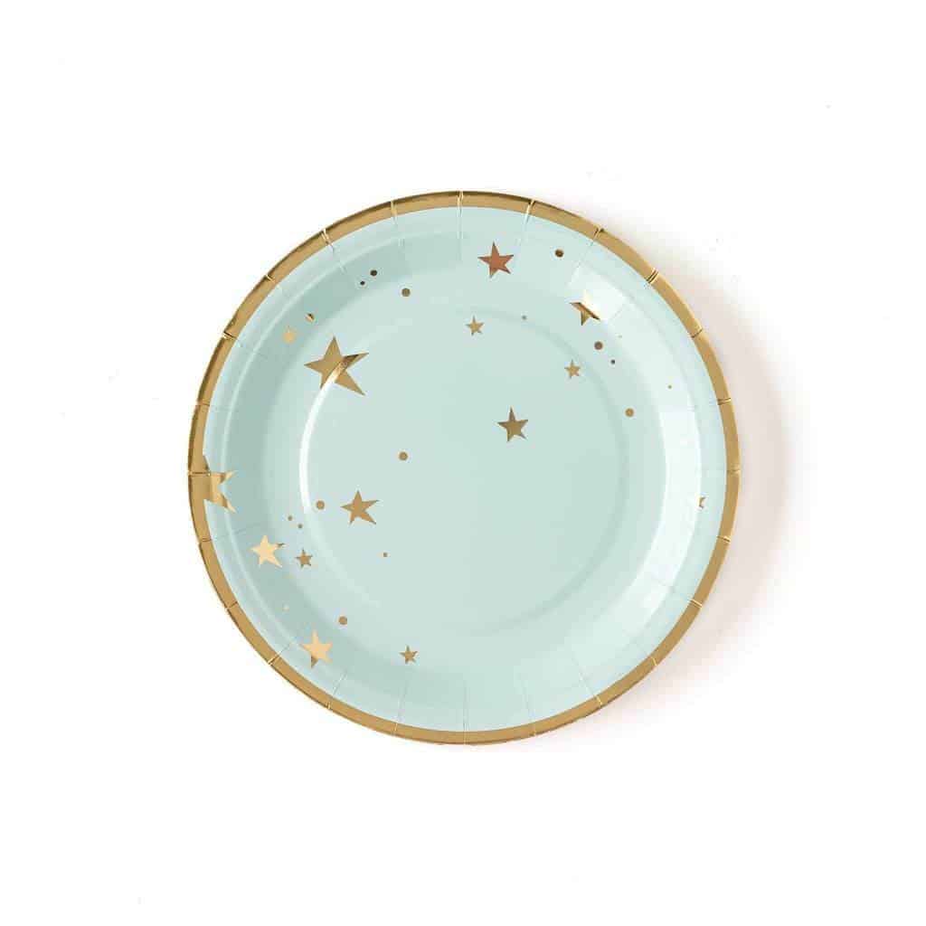 Baby blue and gold paper plates perfect for a moon and stars baby shower