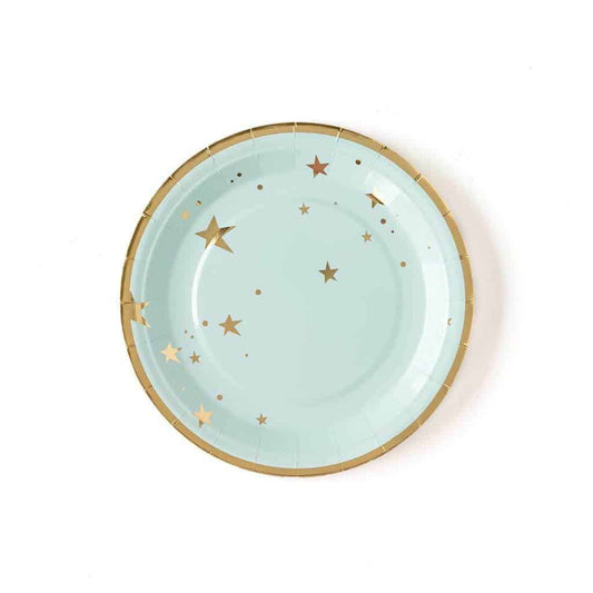 Baby blue and gold paper plates perfect for a moon and stars baby shower