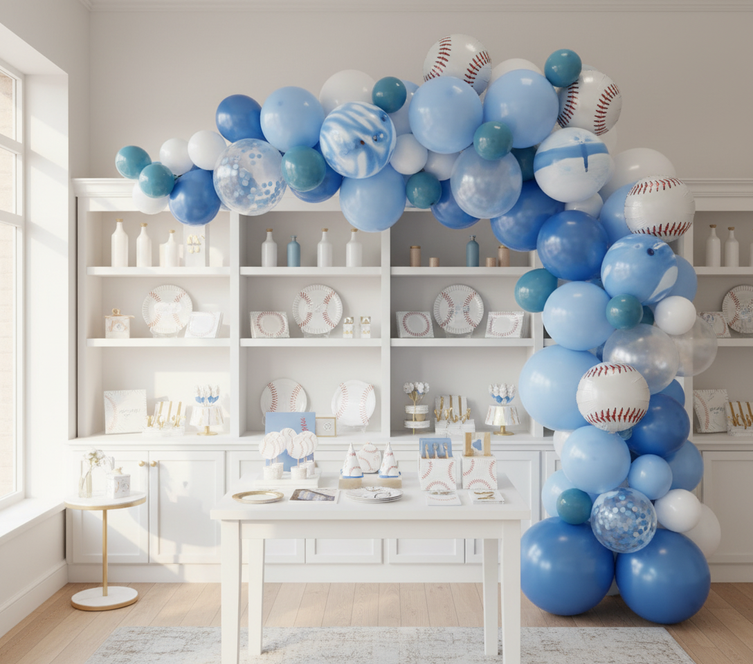 Baby Blue Balloon Garland with Smaller Baseball Balloons