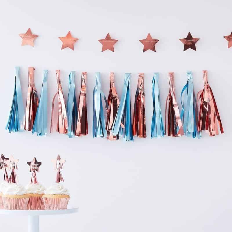 Baby blue and rose gold baby shower decorations