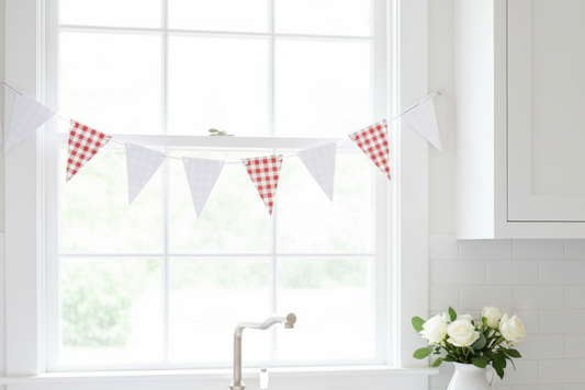 Baby Q Red Ginghm Pennant Banner in French Country Kitchen - Close Up