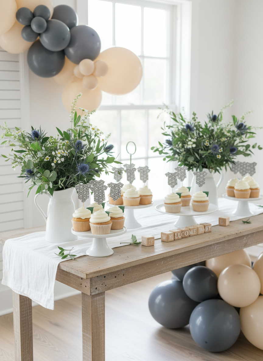 Baby shower tablescape with onesie toppers