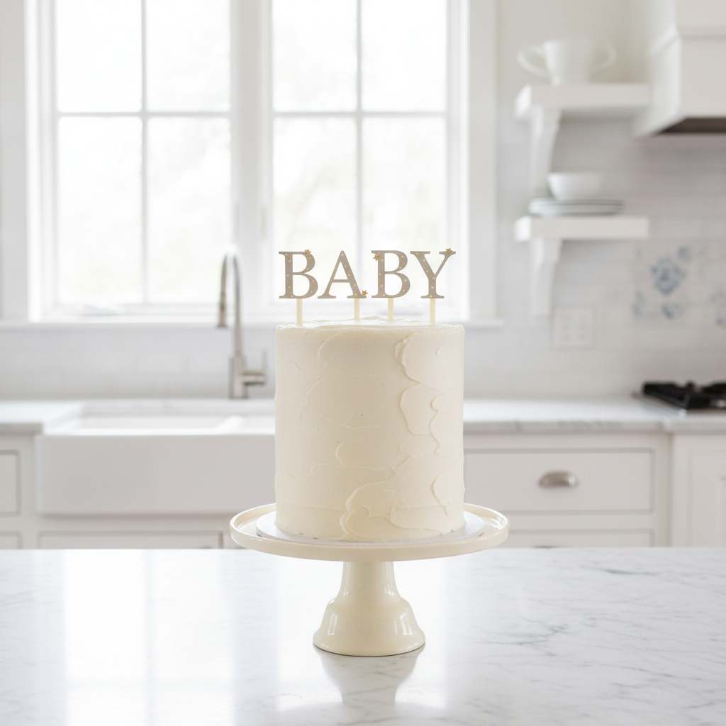 BABY topper on tall cream cake