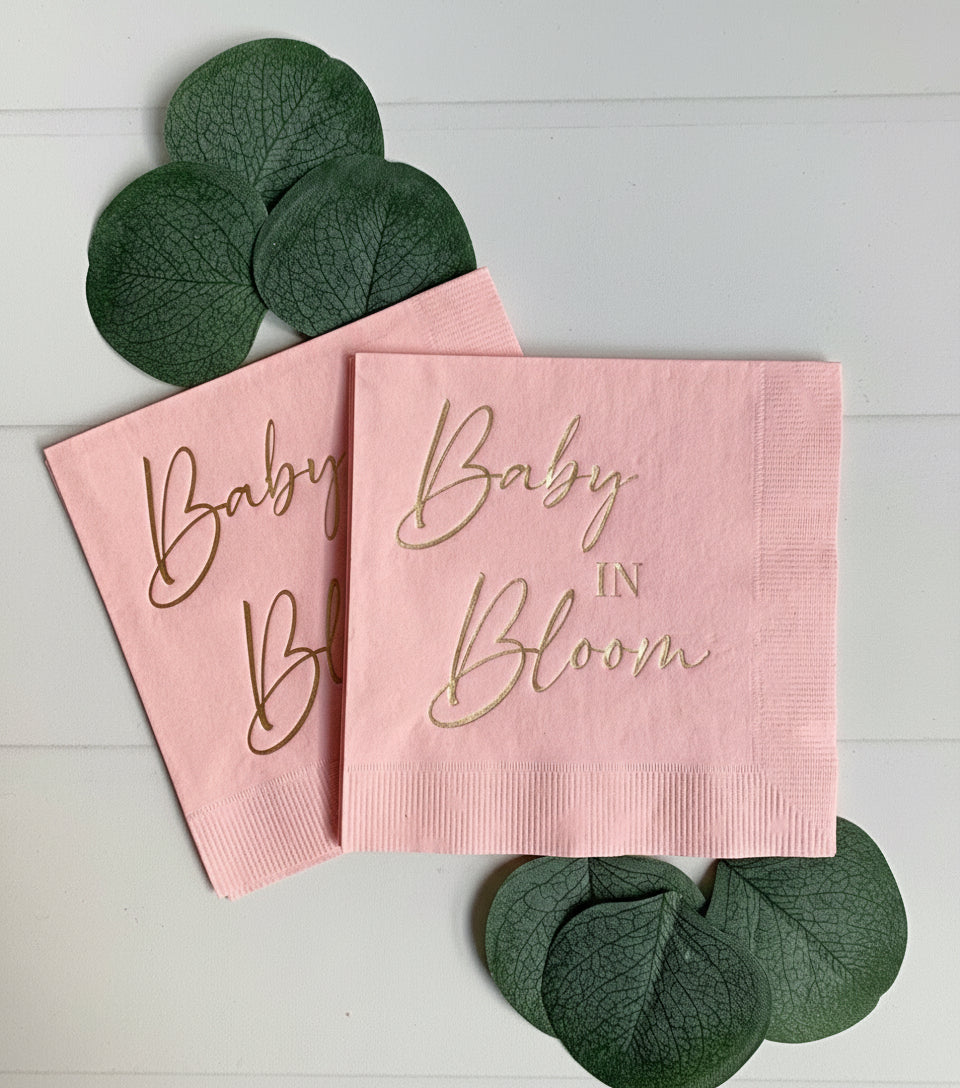 Baby in Bloom Cocktail Napkins Pink & Gold Foil - Spring Summer Baby Shower - Set of 16