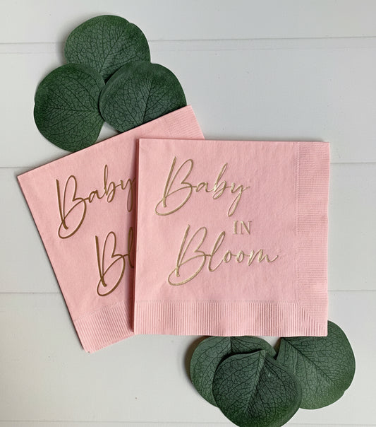 Baby in Bloom Cocktail Napkins Pink & Gold Foil - Spring Summer Baby Shower - Set of 16