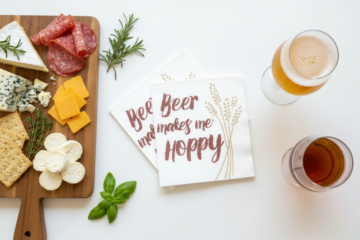 Beer and cheese pairing flatlay