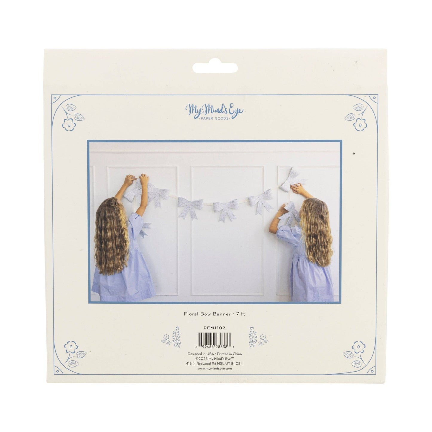 French Blue Floral Bow Garland - 7ft Paper Banner for Baby Showers & Tea Parties