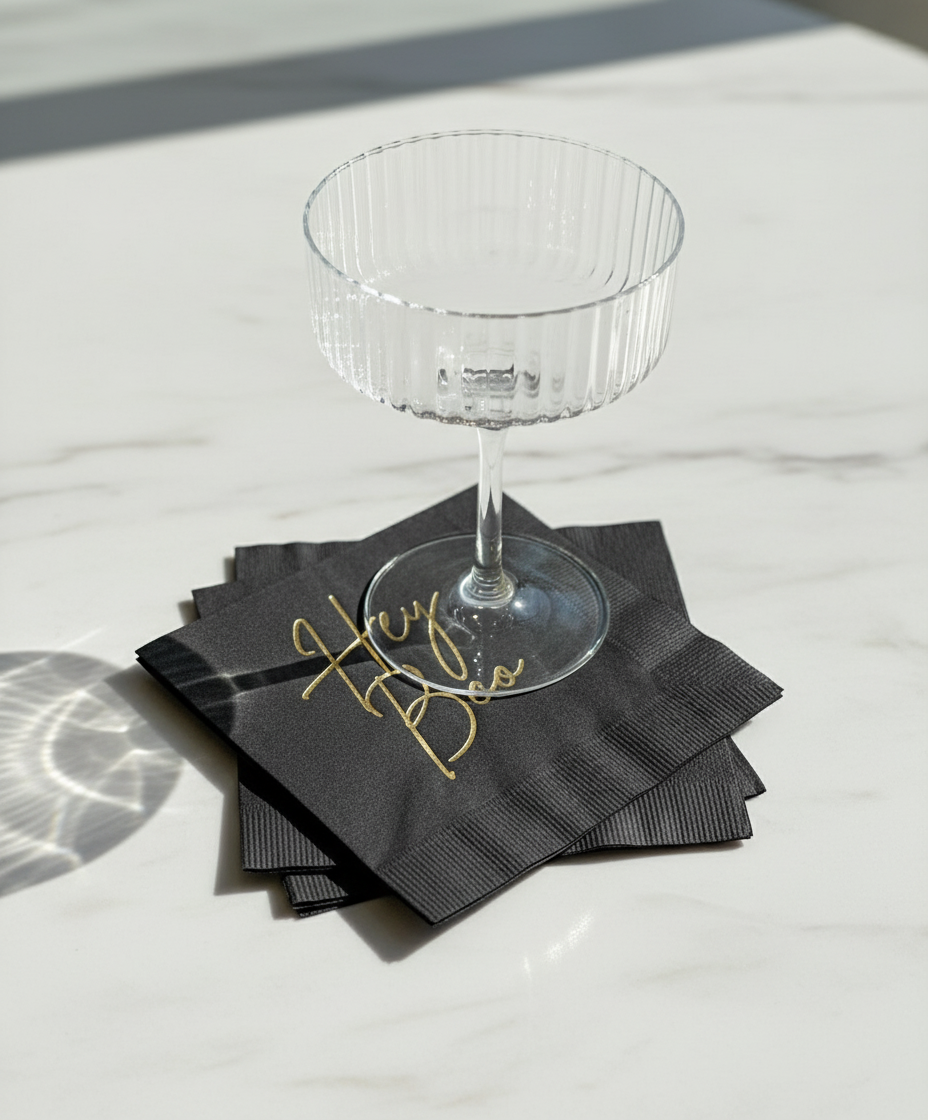 Black and Gold Hey Boo Napkins with Ribbed Coupe Glass