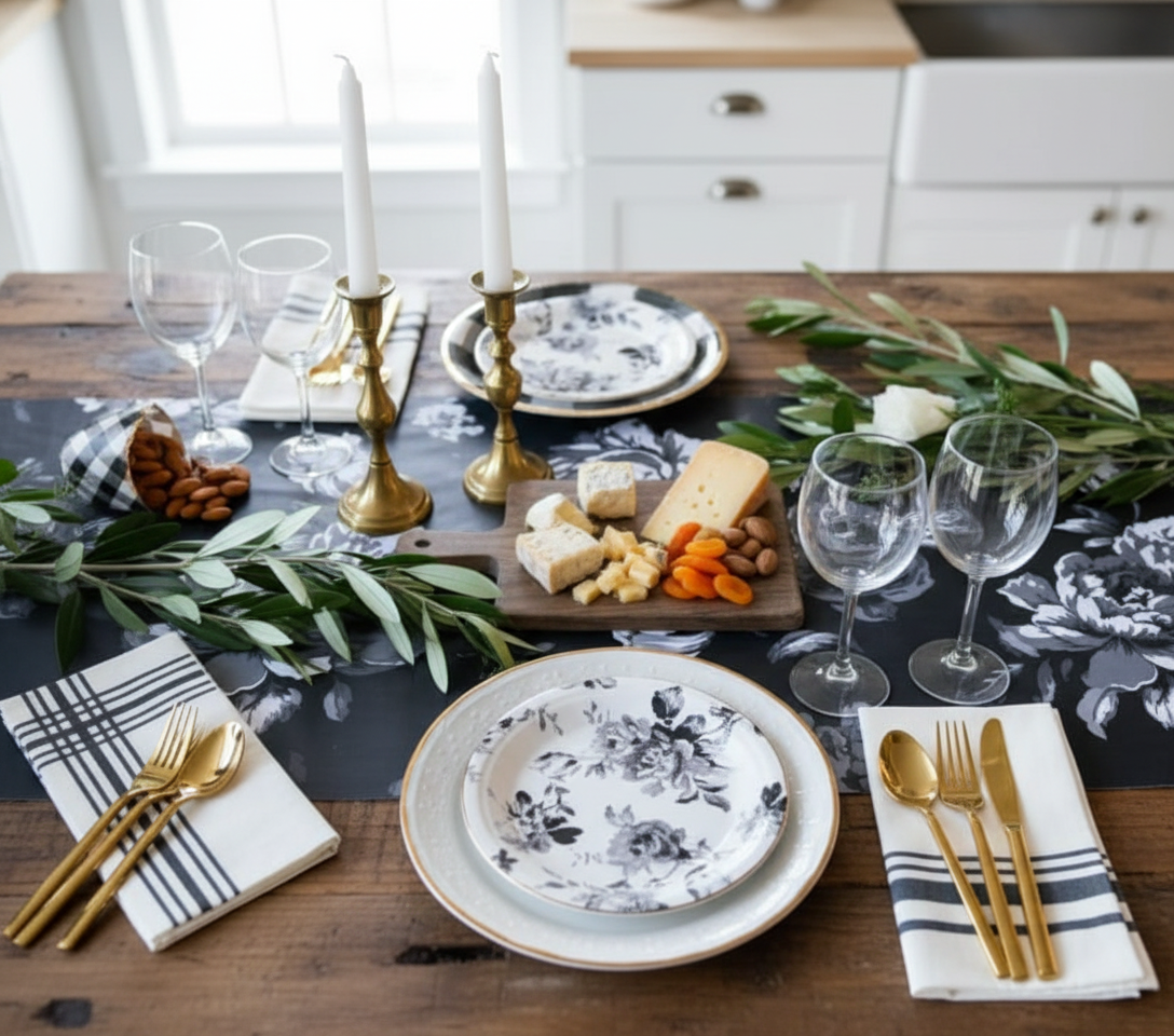 Black Floral Runner with French Country Decor