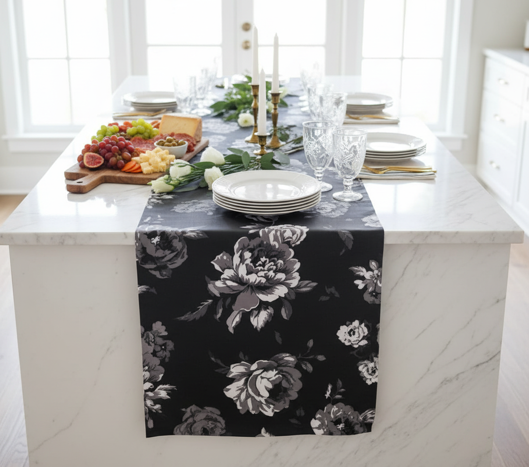 Black Floral Table Runner on Kitchen Island