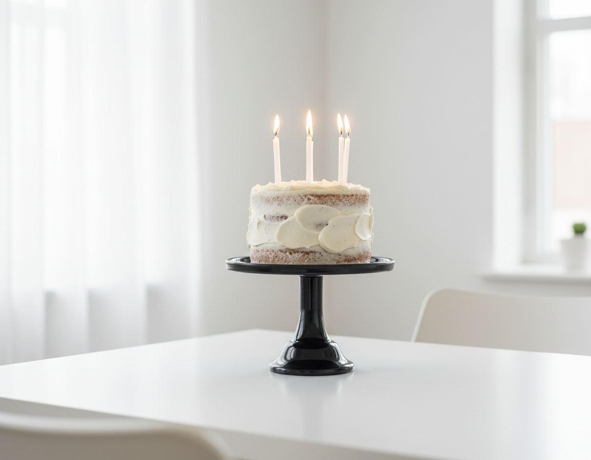 Black Melamine Cake Stand with Realistic Cake and White Candles
