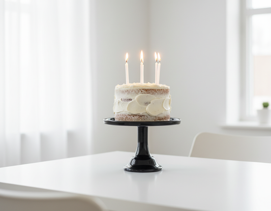 Black Melamine Cake Stand with Realistic Cake and White Candles