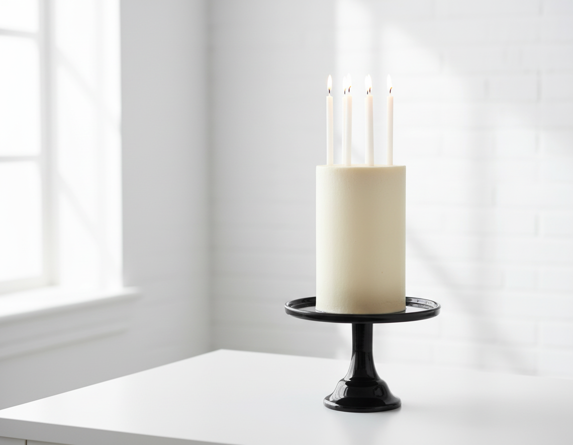 Black Melamine Cake Stand with Tall Cake and White Candles in Bright White Room