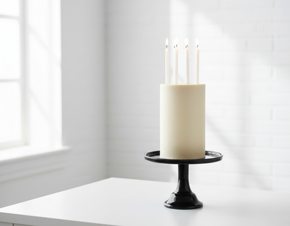 Black Melamine Cake Stand with Tall Cake and White Candles in Bright White Room