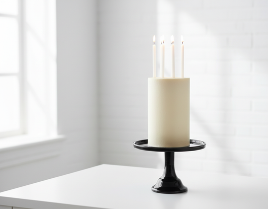 Black Melamine Cake Stand with Tall Cake and White Candles in Bright White Room
