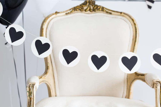 Chic black and white heart garland that is perfect for Valentine's Day or an Alice in Wonderland Party