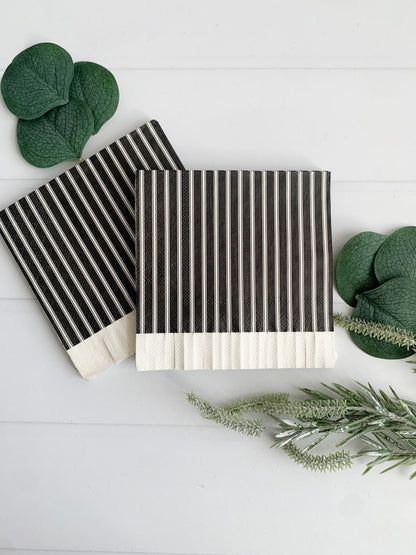 Black Cream Striped Fringe Napkins - Farmhouse Cottagecore Bar Cart Cocktail Napkins Set of 24