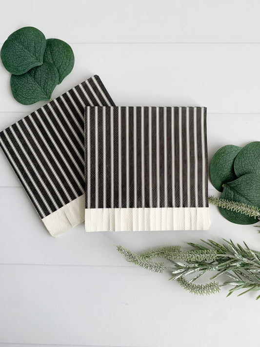 Black Cream Striped Fringe Napkins - Farmhouse Cottagecore Bar Cart Cocktail Napkins Set of 24