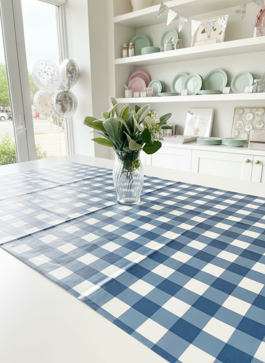 Blue Gingham Plastic-Coated Table Cover in Party Store