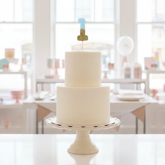 Blue Glitter Number Candle on White Cake