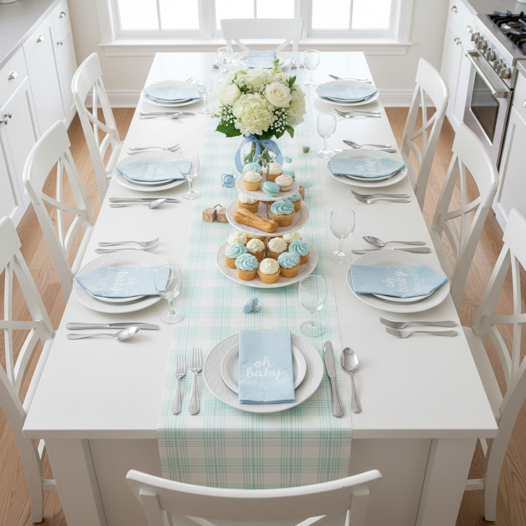 Blue Plaid Paper Runner with Oh Baby Napkins