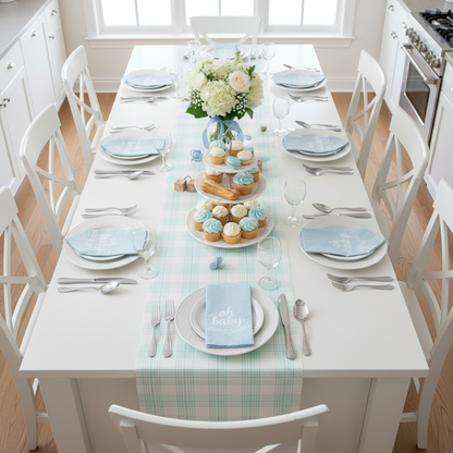 Blue Plaid Paper Runner with Oh Baby Napkins