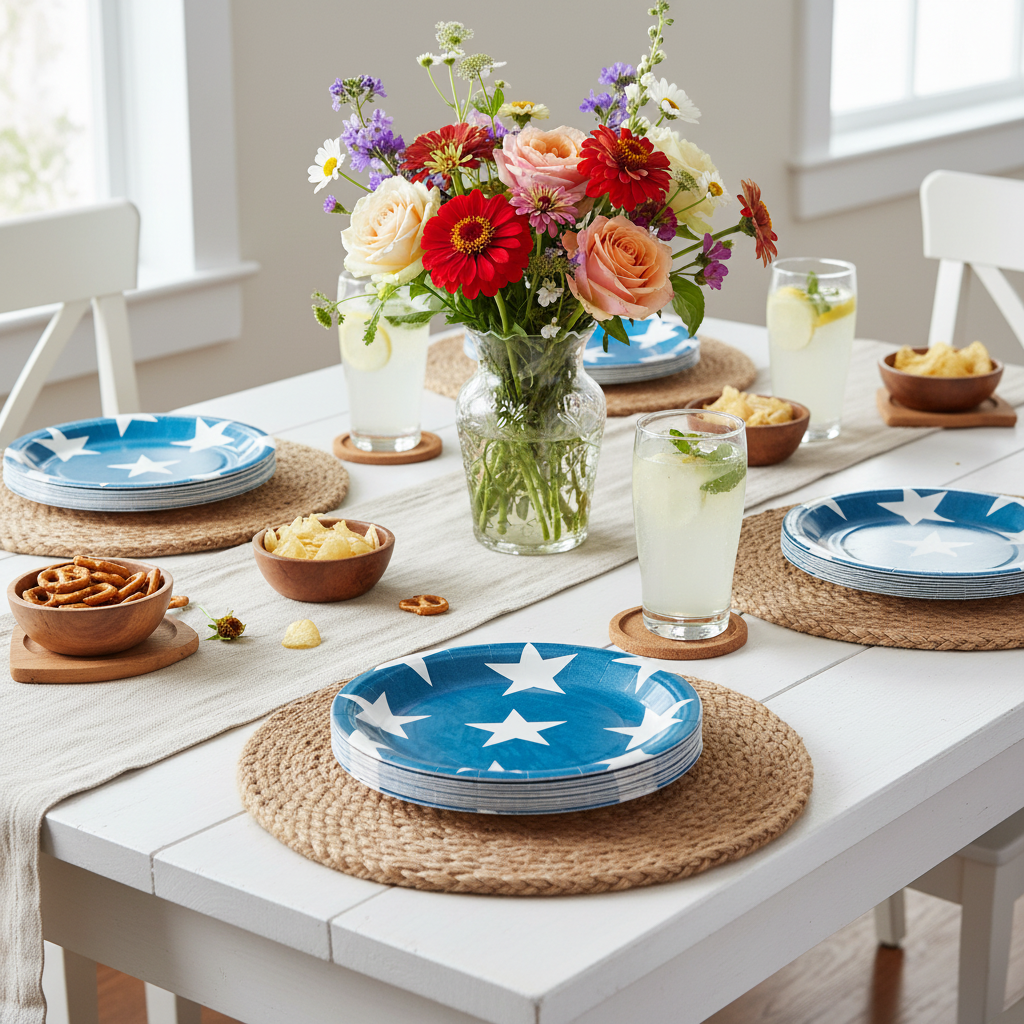Blue star plates in French country kitchen with flowers
