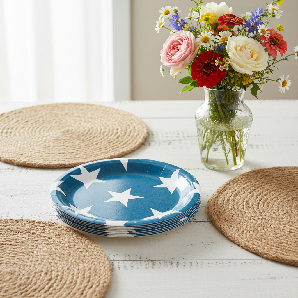 Blue star plates with wildflowers on white table