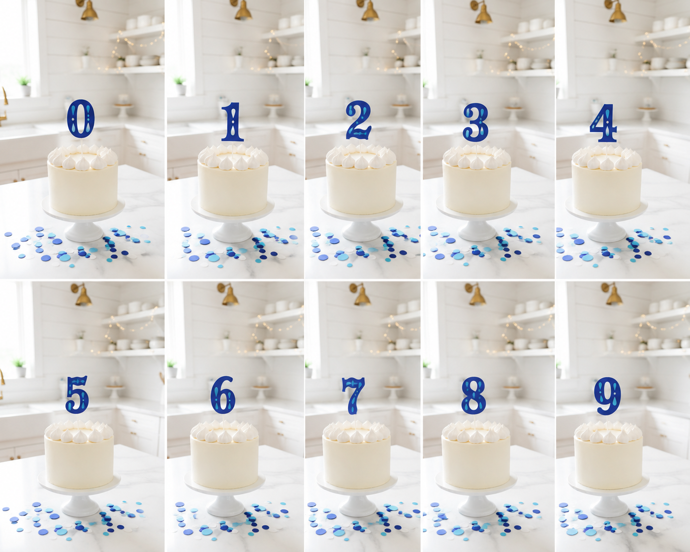A collage of 10 panels showing a white frosted cake on a white pedestal in a bright kitchen setting, with blue number decorations from 0 to 9 placed on top of each cake. Blue confetti is scattered on the tables in front of the cakes.