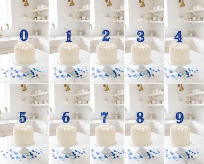 A collage of 10 panels showing a white frosted cake on a white pedestal in a bright kitchen setting, with blue number decorations from 0 to 9 placed on top of each cake. Blue confetti is scattered on the tables in front of the cakes.