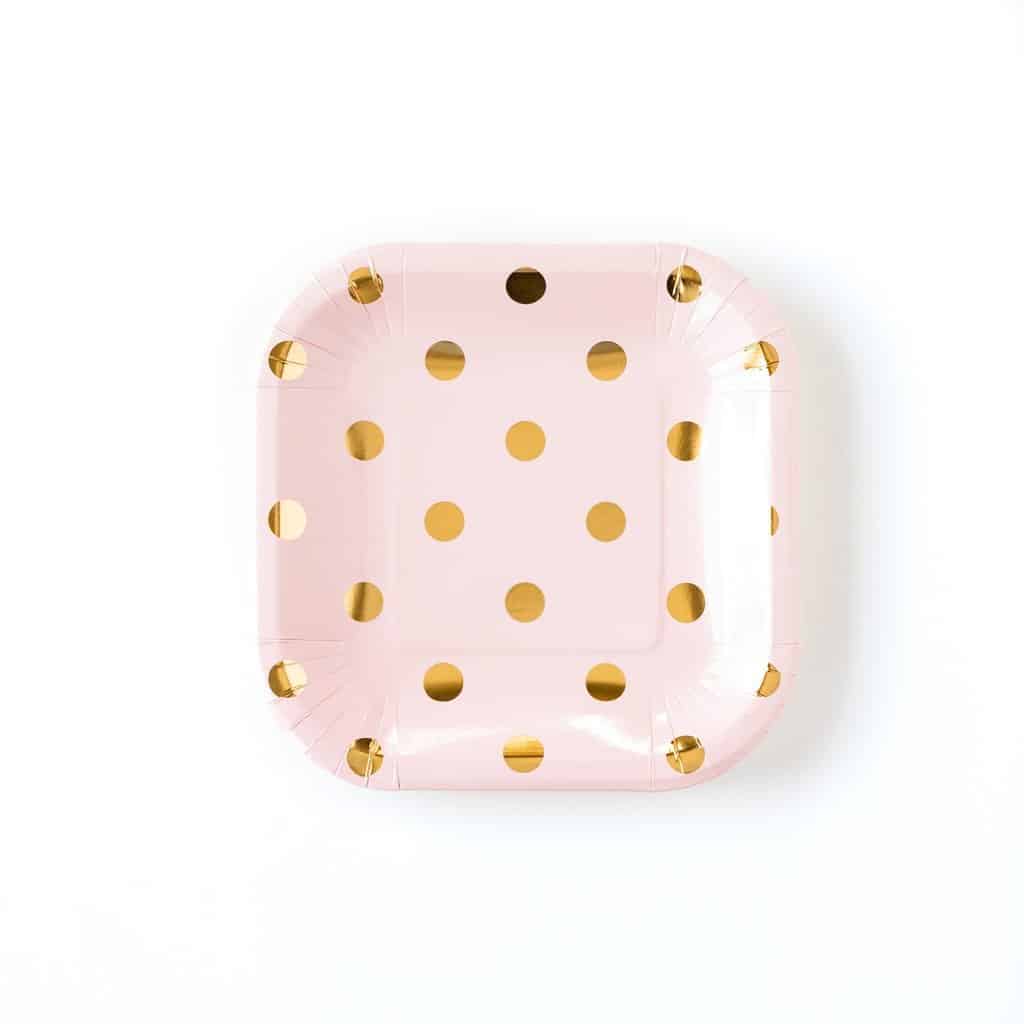 Blush square dessert plates with gold foil polka dots