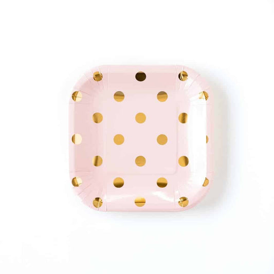 Blush square dessert plates with gold foil polka dots