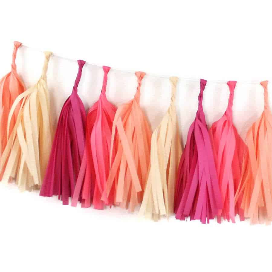 Boho Rainbow Tassel Garland in shades of hot pink coral and ivory