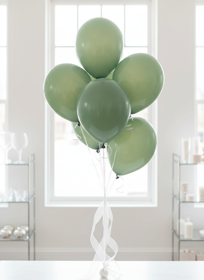 Botanical green dusty sage balloon bouquet with white organza ribbons