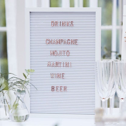 Our white peg letter board is a great way to inform your guests or display your drinks list! Beautiful copper colored letters on a white plastic board. Customize the peg board with your own wedding signs for your guests and then reuse as a message board around the house.