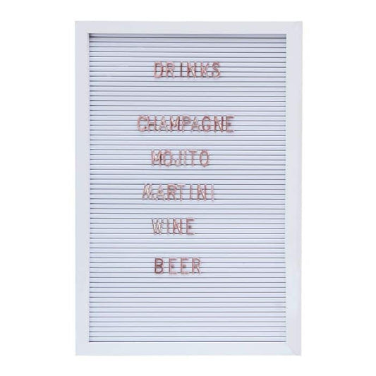 Our white peg letter board is a great way to inform your guests or display your drinks list! Beautiful copper colored letters on a white plastic board. Customize the peg board with your own wedding signs for your guests and then reuse as a message board around the house.