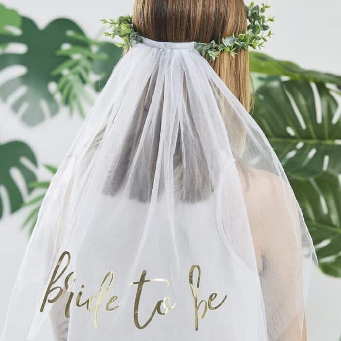 Bride to be headband with Veil Ensure the beautiful Bride-to-be celebrates in style on her bachelorette weekend with this stunning Bride headband veil. A crown of eucalyptus supports the veil.