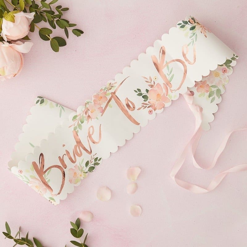 Floral Bride to Be Sash with Rose Gold Lettering