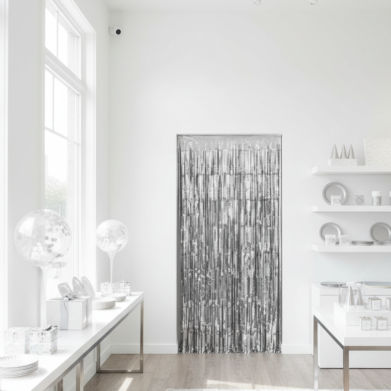 Bright beautiful silver fringe backdrop in party boutique