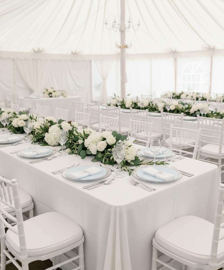 Bright white tent wedding